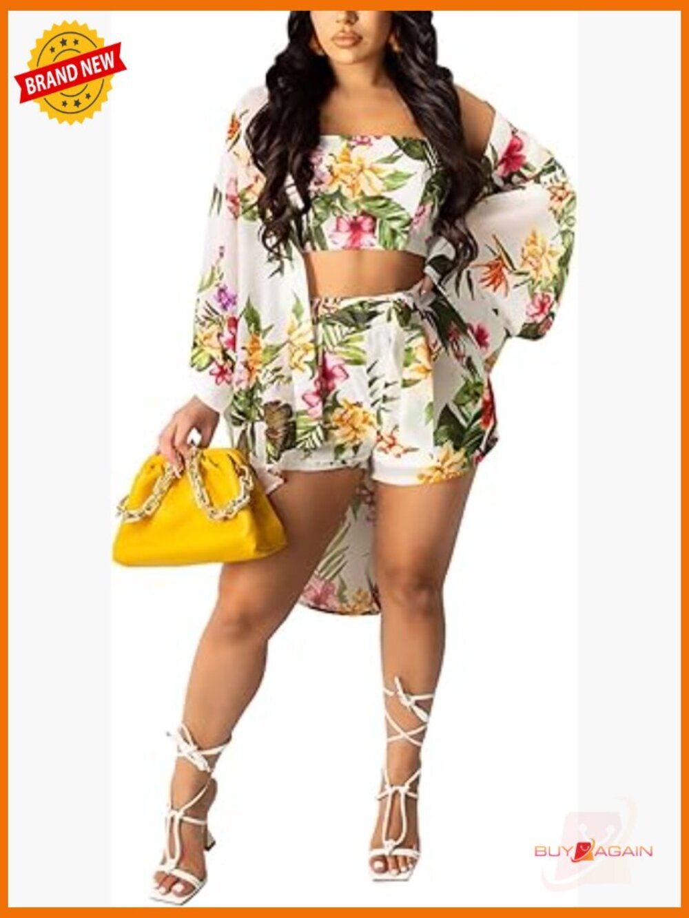 3 Piece Vocation Outfits Summer Suit Floral Kimono Cardigan Crop Cami Top Short